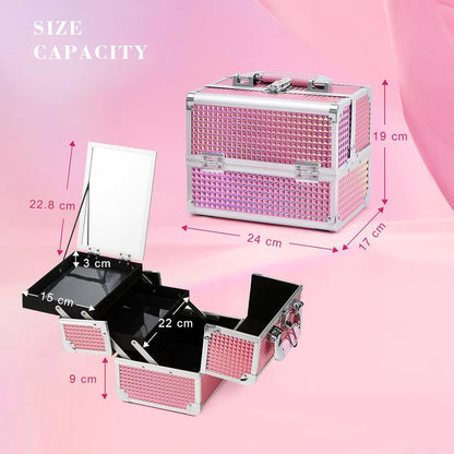 Vanity Case Makeup Box Nail Polish Organiser Beauty Storage Make up Organiser Jewellery Box with Mirror, Lockable with Keys, Holographic Pink