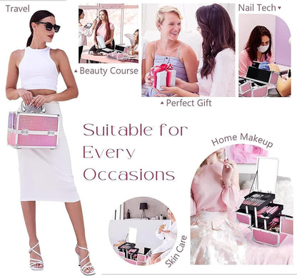 Vanity Case Makeup Box Nail Polish Organiser Beauty Storage Make up Organiser Jewellery Box with Mirror, Lockable with Keys, Holographic Pink