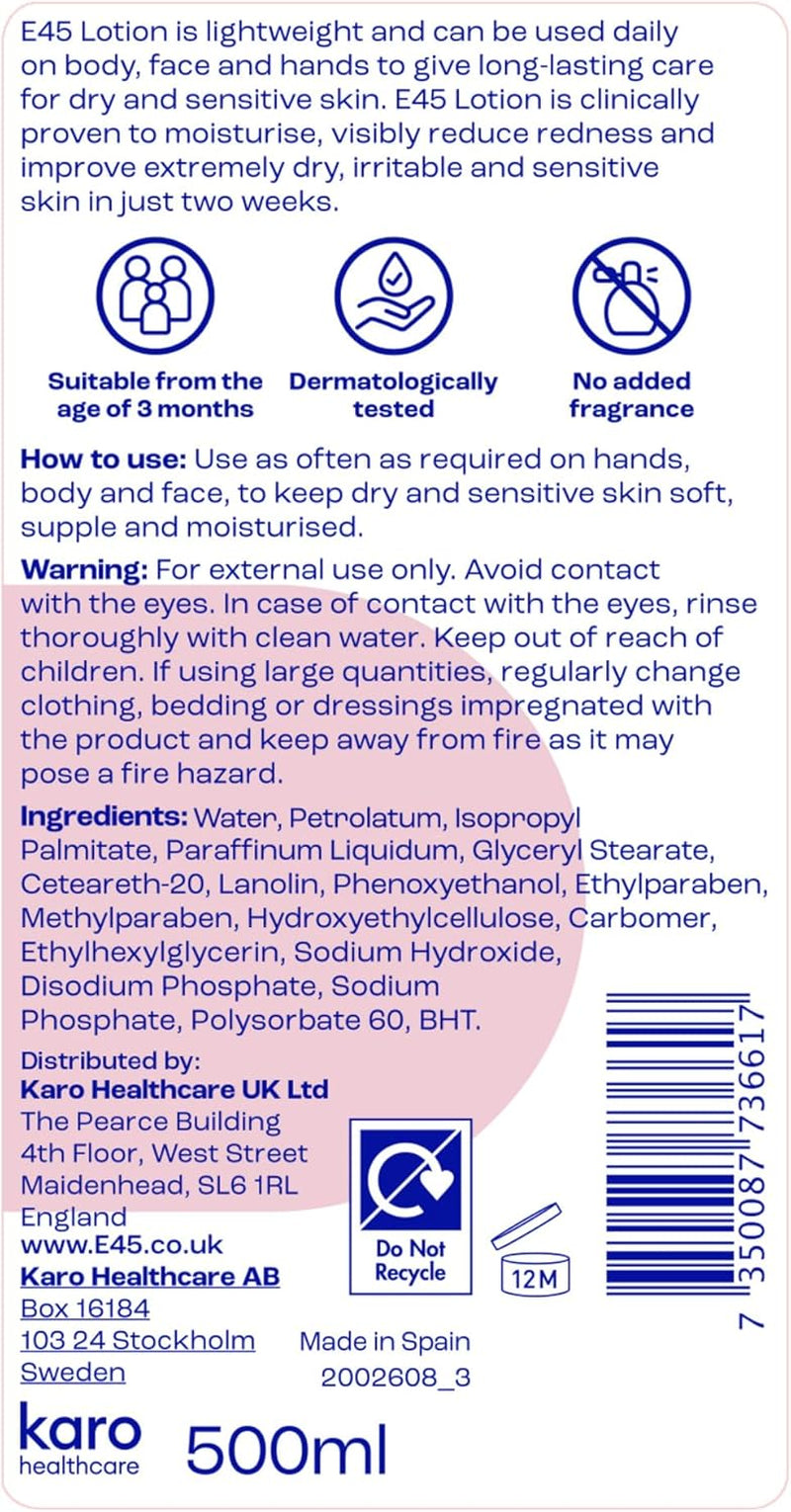 Moisturising Lotion 500 Ml for Dry & Sensitive Skin - Long-Lasting Hydration Protect from Dryness, Reduce Redness - Dermatological Body Moisturiser Lotion - Body Lotion - Daily Moisturiser