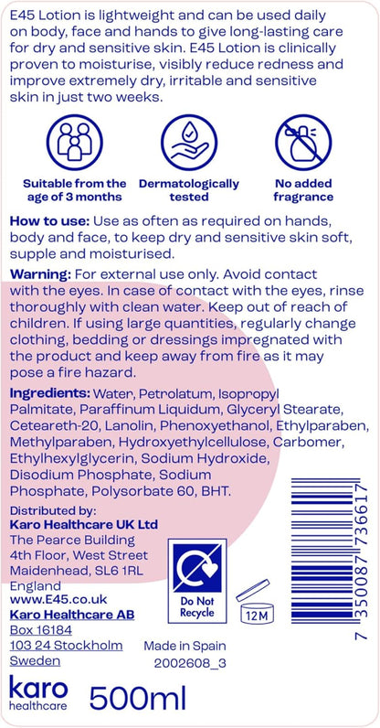 Moisturising Lotion 500 Ml for Dry & Sensitive Skin - Long-Lasting Hydration Protect from Dryness, Reduce Redness - Dermatological Body Moisturiser Lotion - Body Lotion - Daily Moisturiser